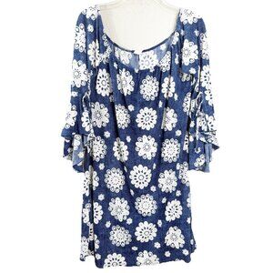 Honeyme Small Tunic Top Dress 32"L Floral Bell Sleeve Blue & White EUC